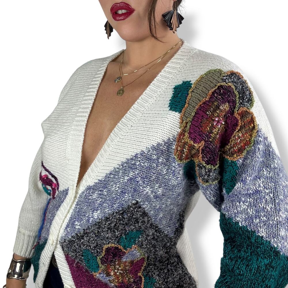 80's JACLYN SMITH funk knit cardigan sweater with metallic thread and beads - Picture 16 of 17